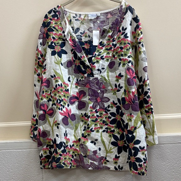 Hot Cotton NWT linen women’s Multicolor Floral print long sleeve blouse top - Picture 1 of 7